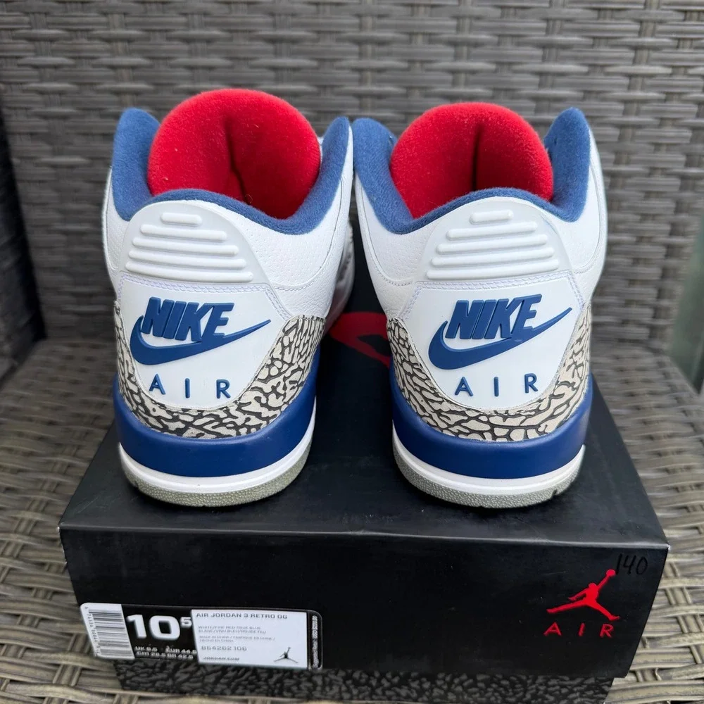 Air Jordan 3 Retro OG True Blue White Fire Red Blue Mens 10.5